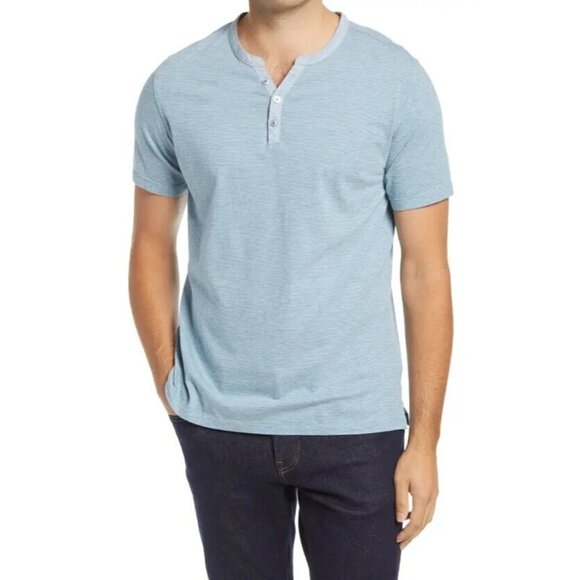 Robert Barakett BNWOT Men Tshirt "Cecil" blue stripedY neck Henley-